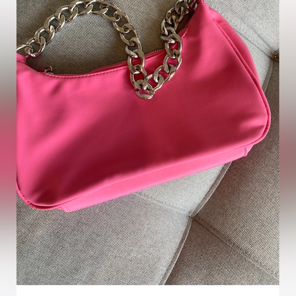 Nylon Curved 90s Shoulder Bag Purse Handbag with Silver Chain Strap Pink - Picture 7 of 12